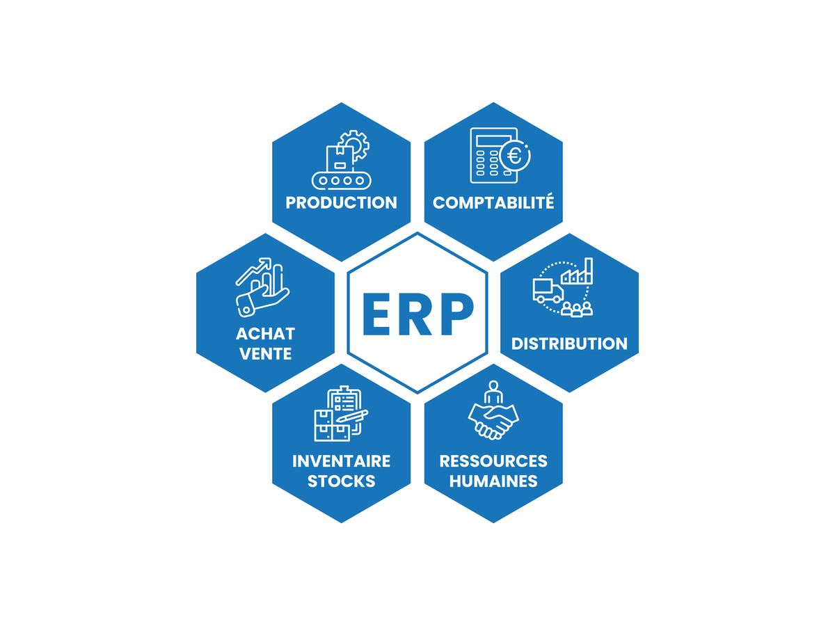 Les briques d'un outil de gestion : production, comptabilité, stocks, achats-ventes, distribution, ressources humaines