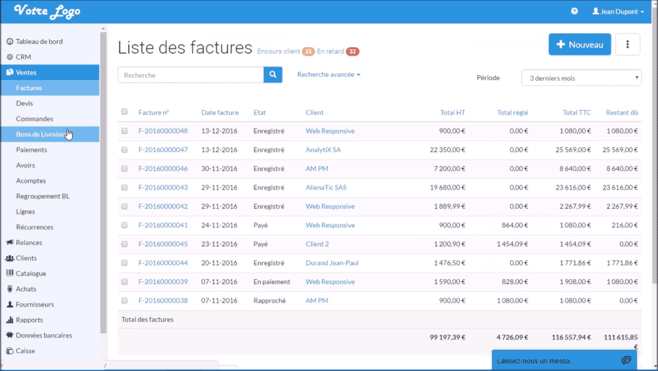 Outil de gestion commerciale : liste des factures, encours et retards clients
