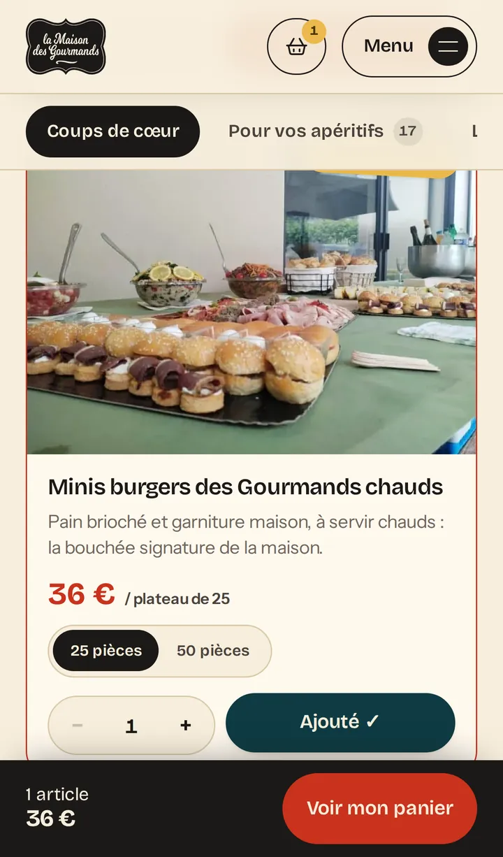 Produit ajouté au panier, barre « Voir mon panier » en bas de l'écran