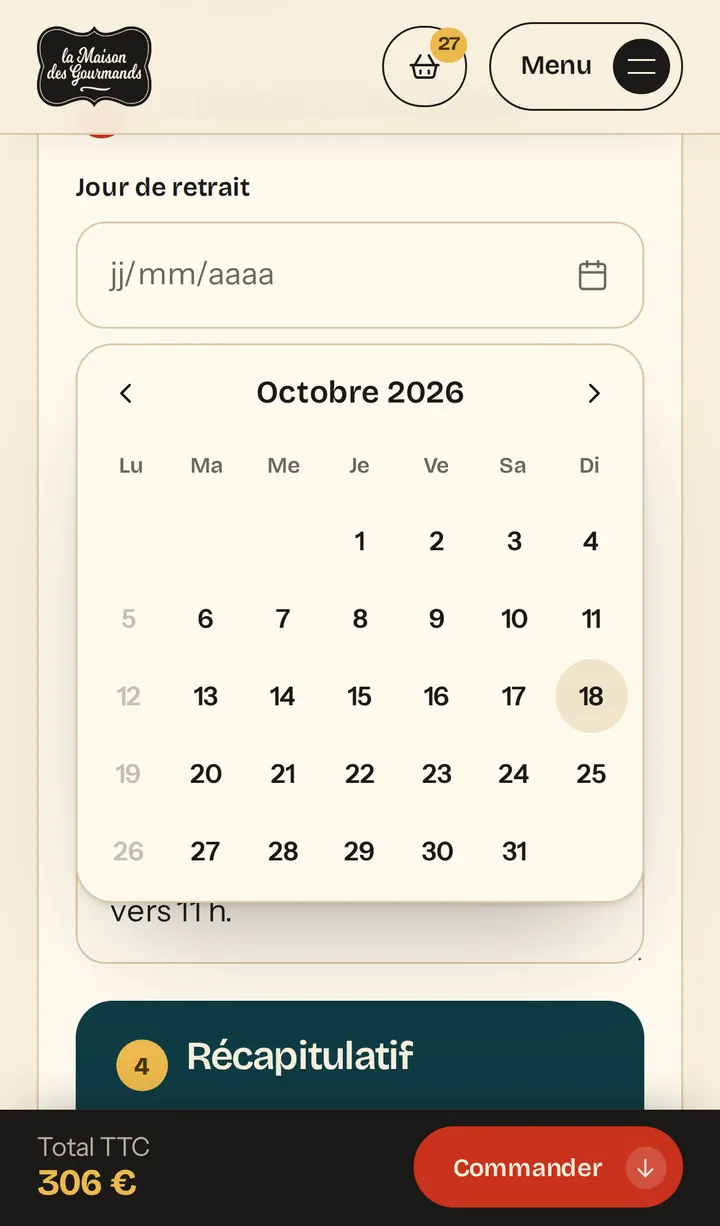 Calendrier de retrait : les lundis sont grisés, seuls les jours possibles sont proposés