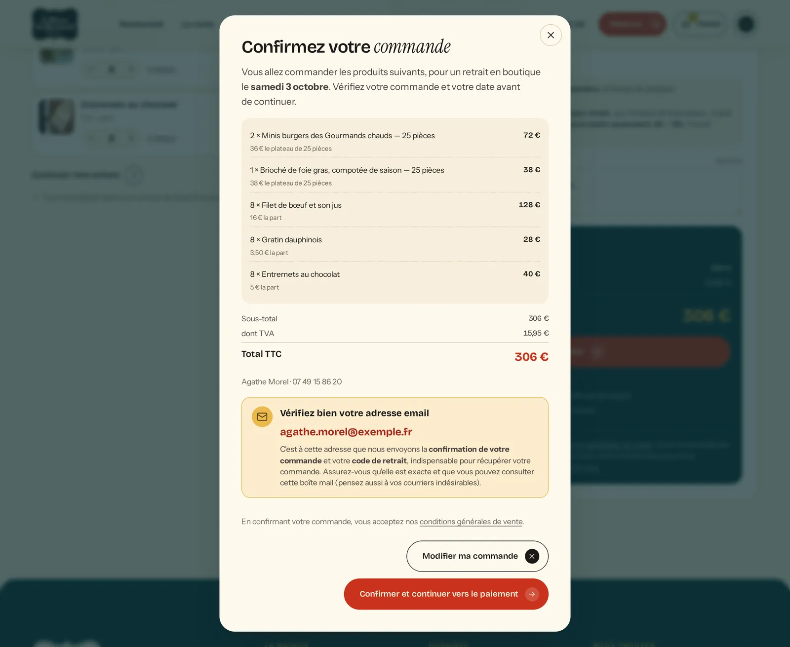 Fenêtre de confirmation : récapitulatif de la commande, total, jour de retrait et vérification de l'email