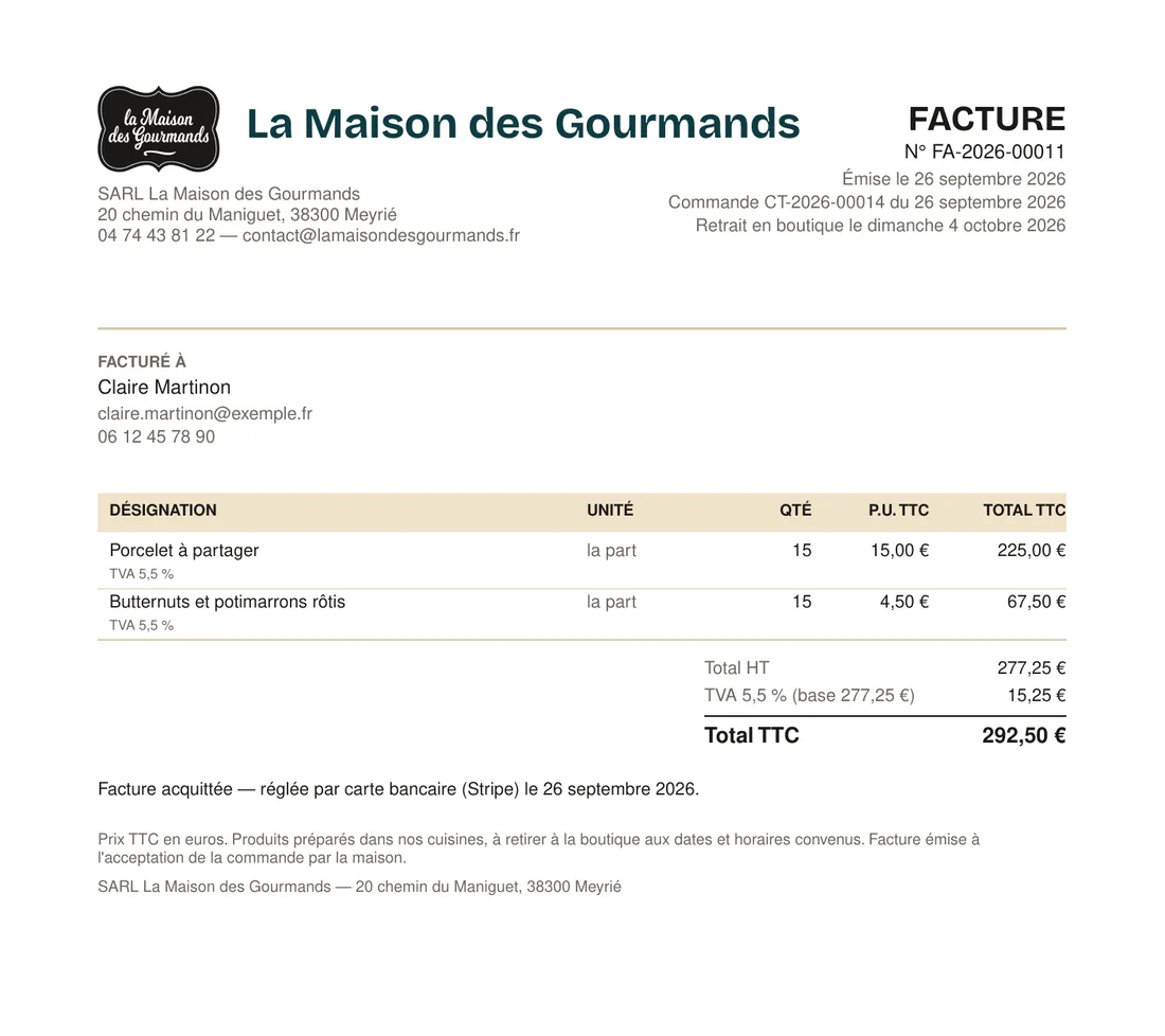 Facture FA-2026-00011 générée automatiquement : client, détail, TVA 5,5 %, total TTC