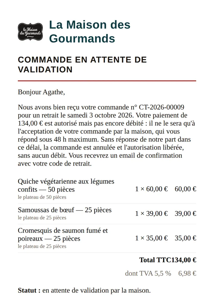 Email « Commande en attente de validation » : détail, total et prochaine étape