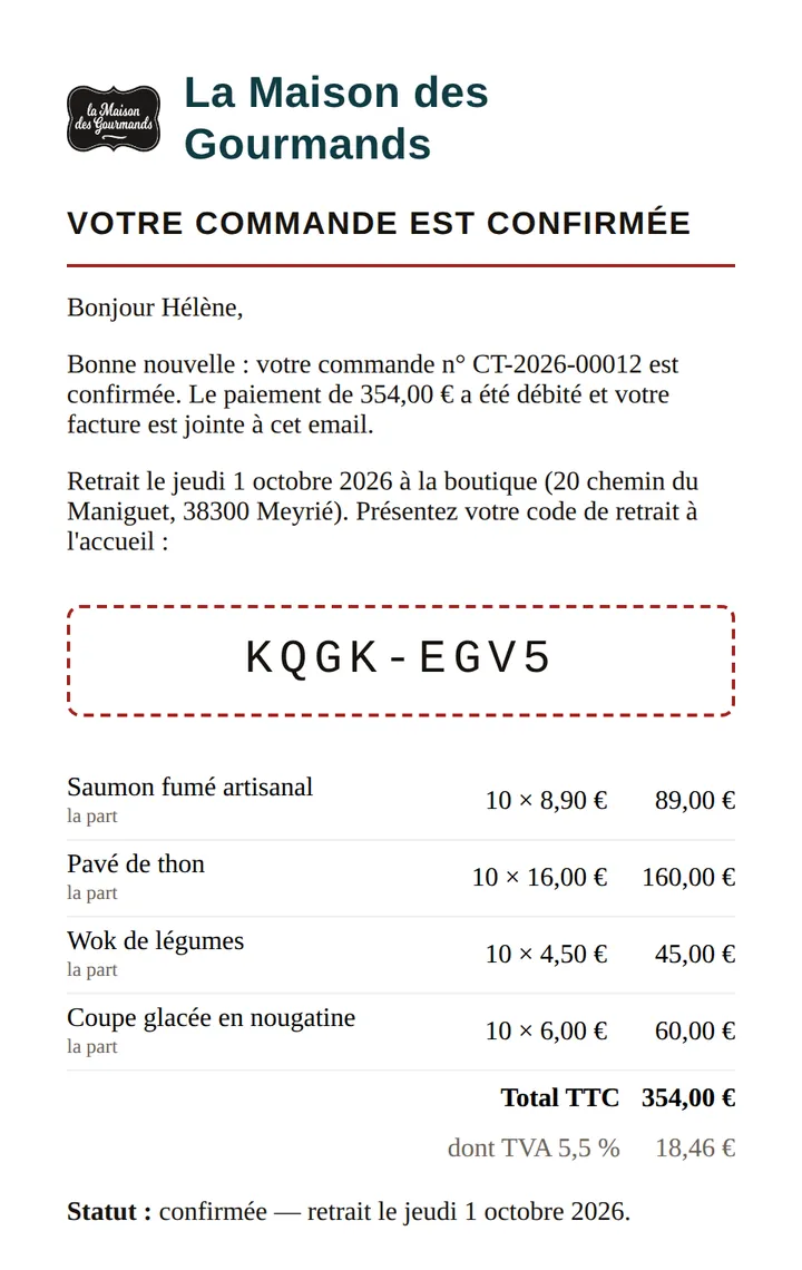 Email de confirmation avec le code de retrait KQGK-EGV5 et le détail de la commande