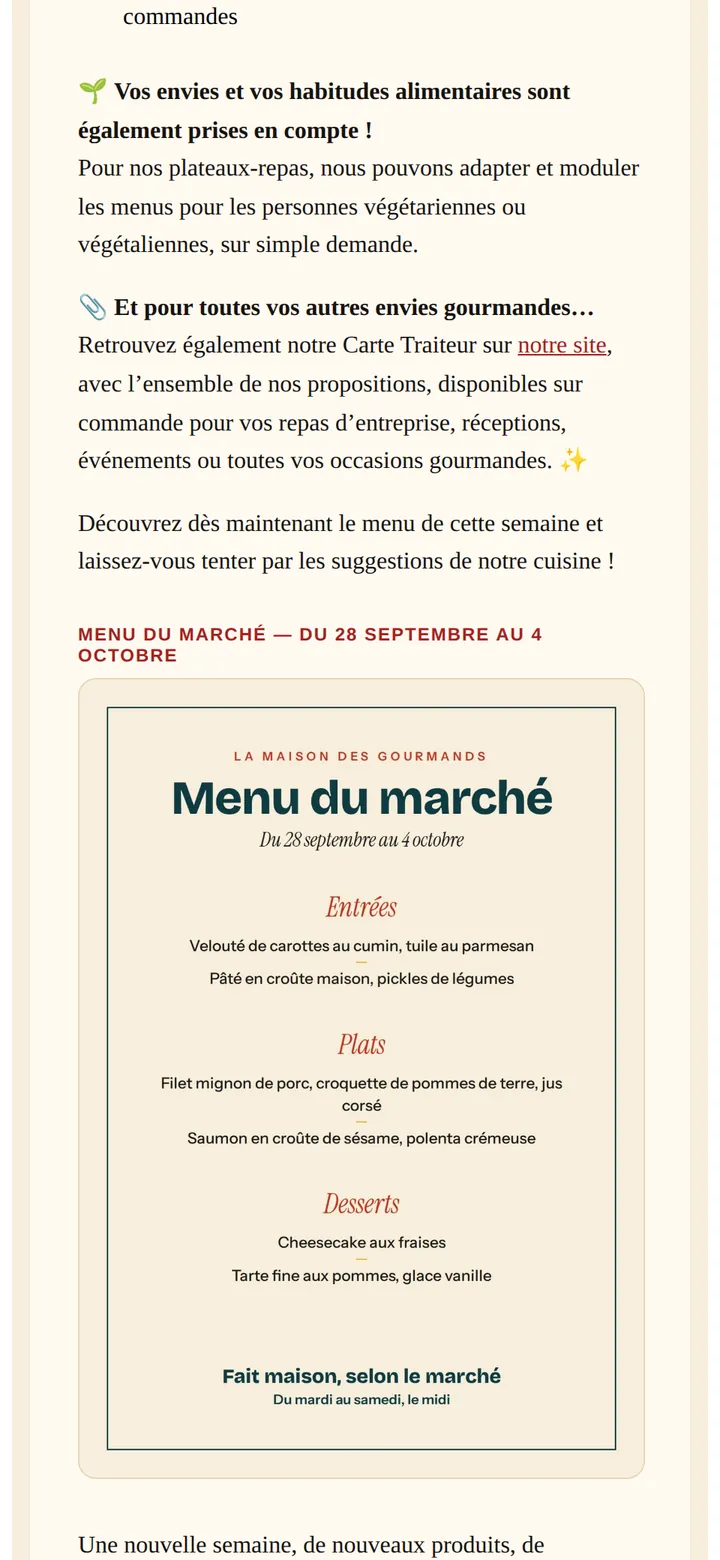 Email envoyé aux clients avec le menu du marché de la semaine