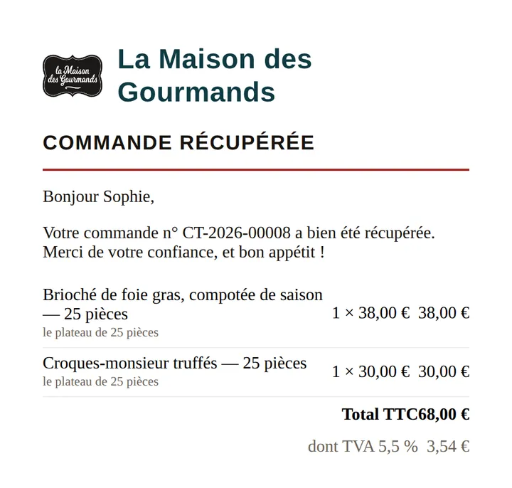 Email de remerciement après le retrait de la commande