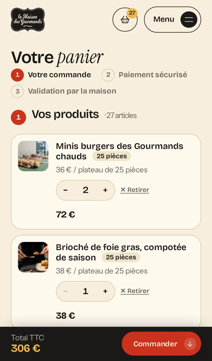 Le panier : produits, formats, quantités et prix