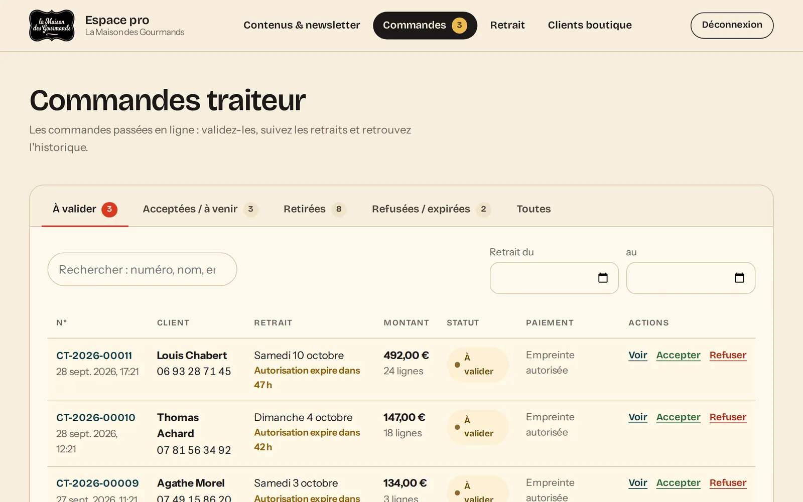 Espace pro : trois commandes à valider, avec le délai restant pour chacune