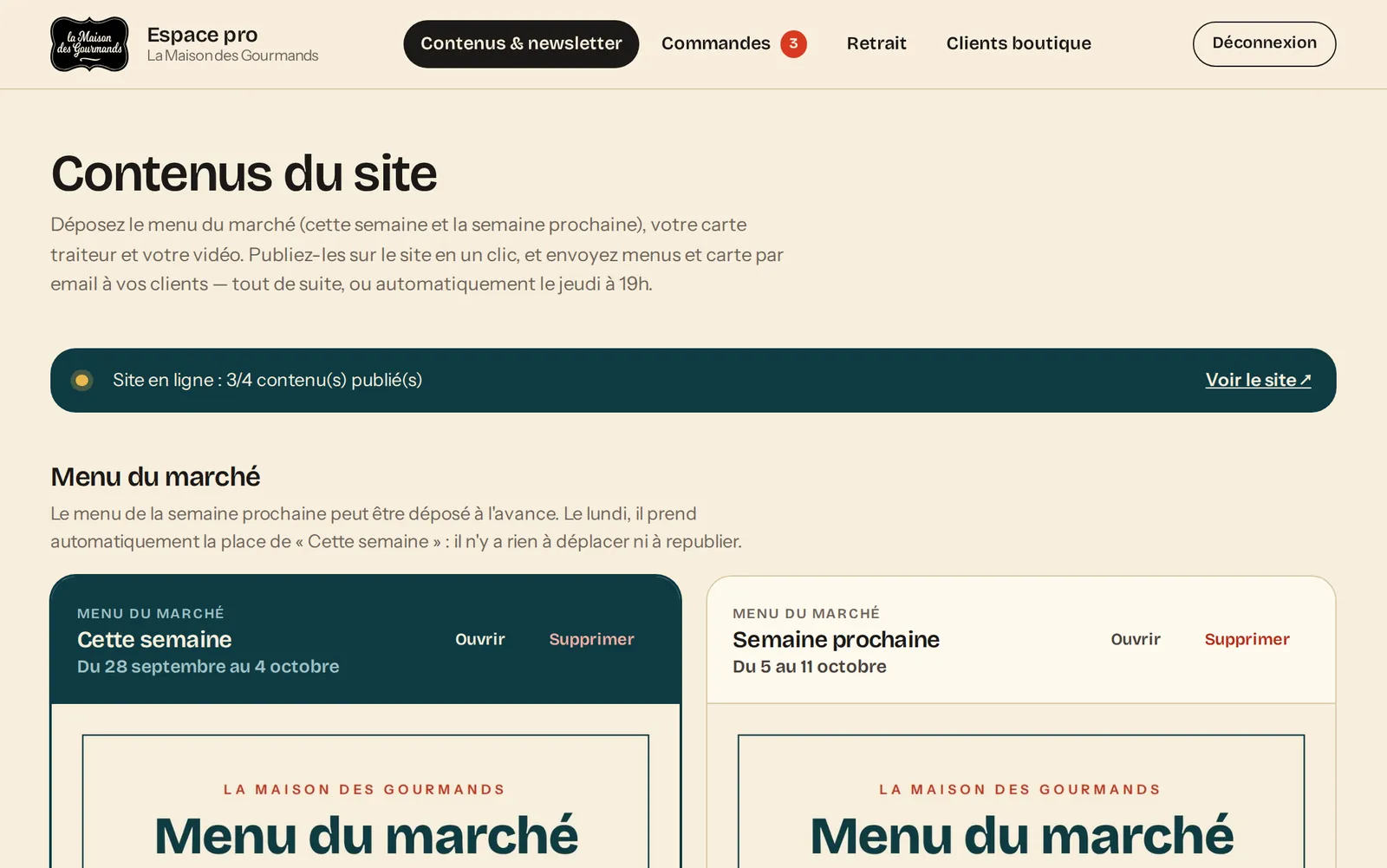 Espace pro : menus du marché de cette semaine et de la semaine prochaine, publiés sur le site