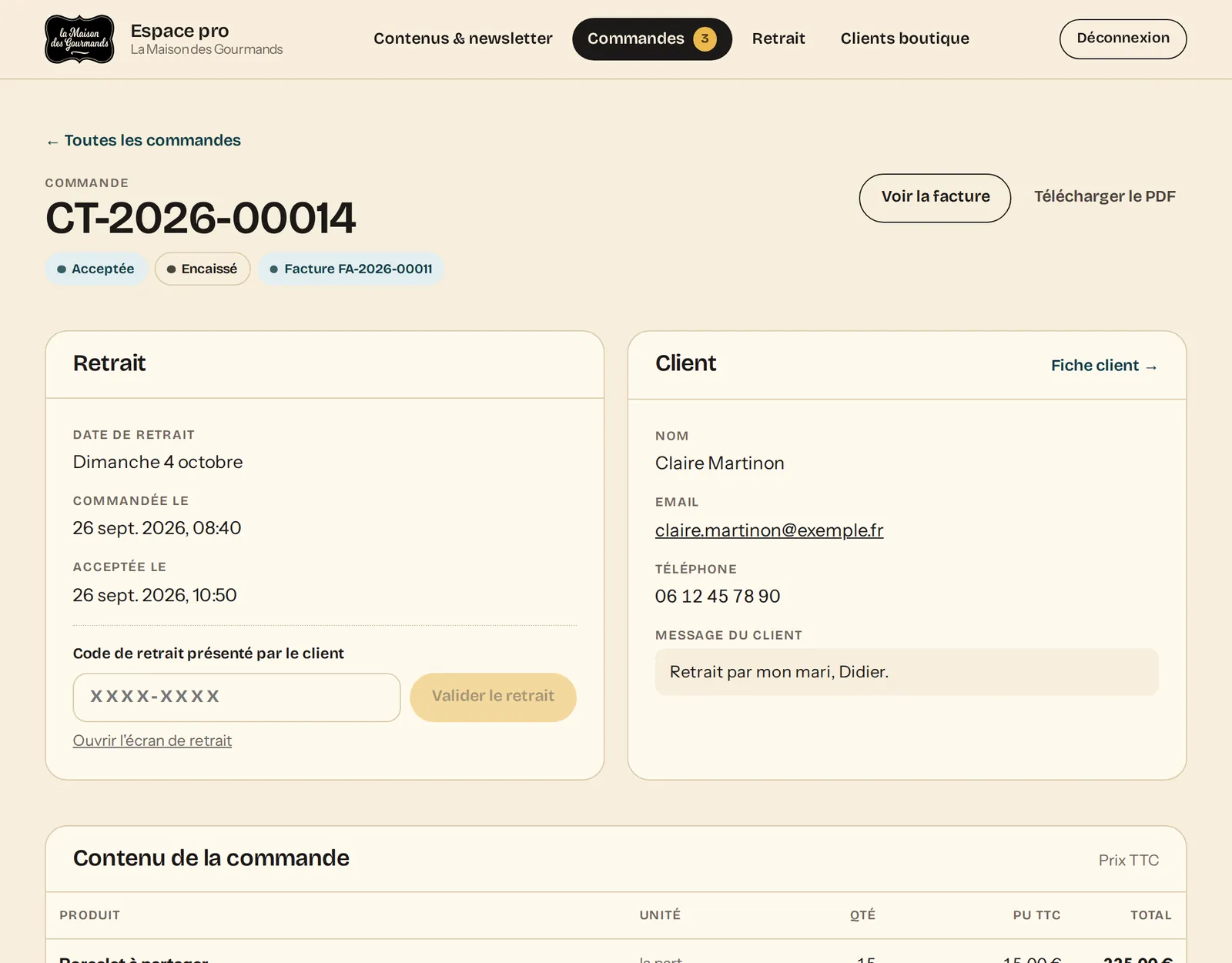 Espace pro, fiche d'une commande acceptée avec sa facture