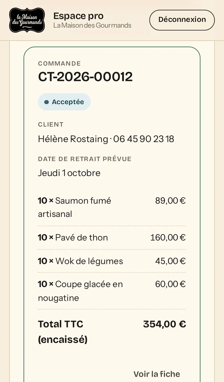 Commande CT-2026-00012 retrouvée grâce au code : client, date et contenu