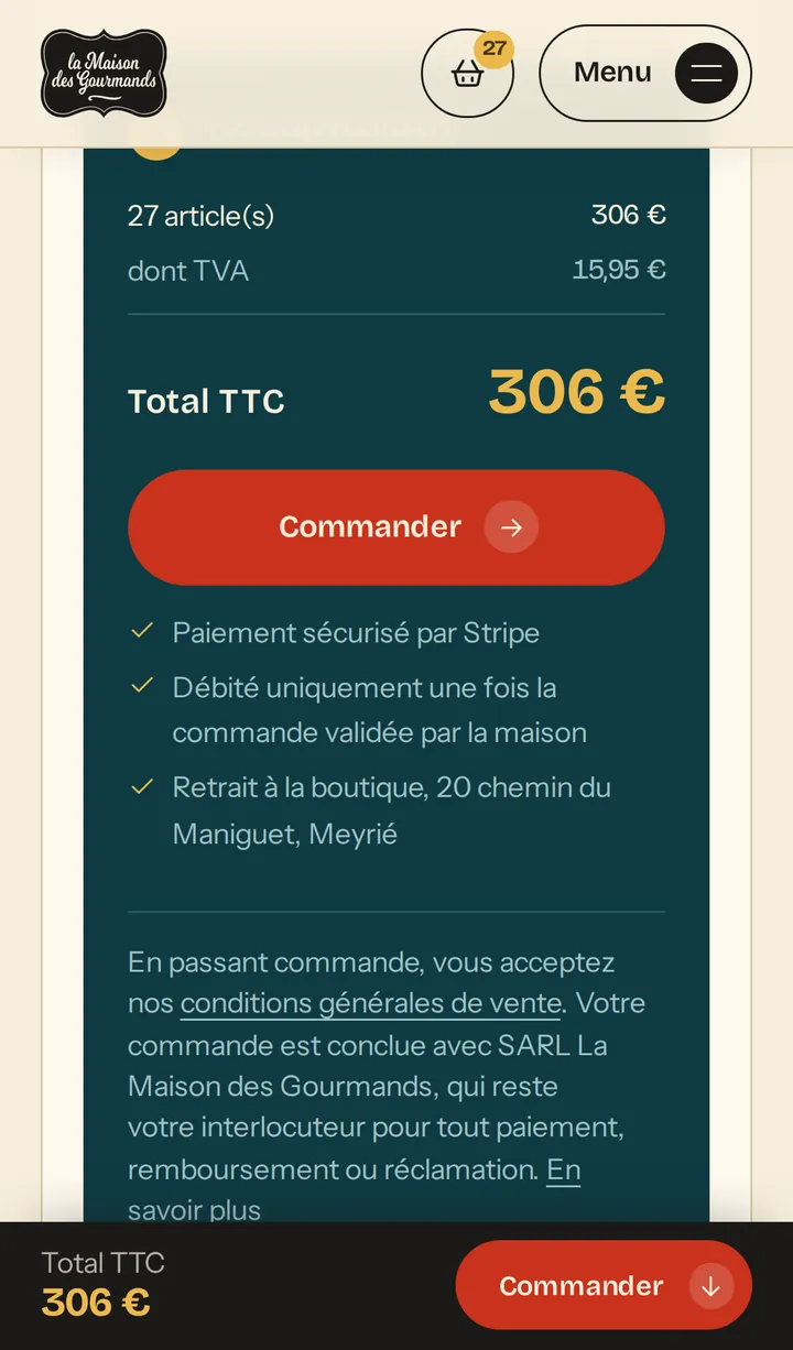 Récapitulatif : total TTC, paiement sécurisé par Stripe, débit à la validation