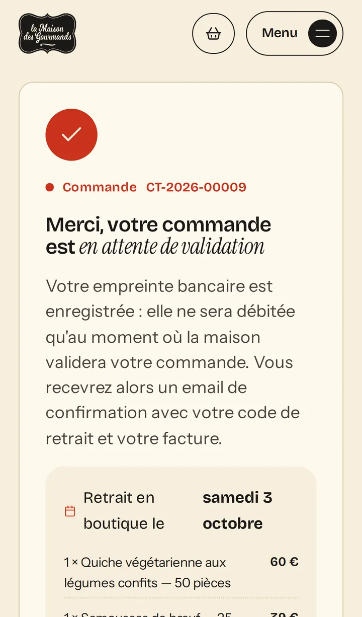 Page de confirmation : commande CT-2026-00009 en attente de validation