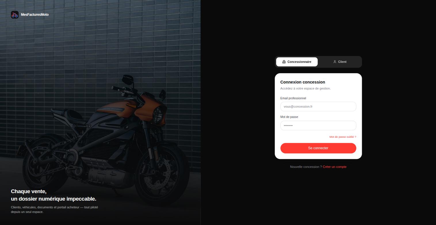 MesFacturesMoto, page de connexion