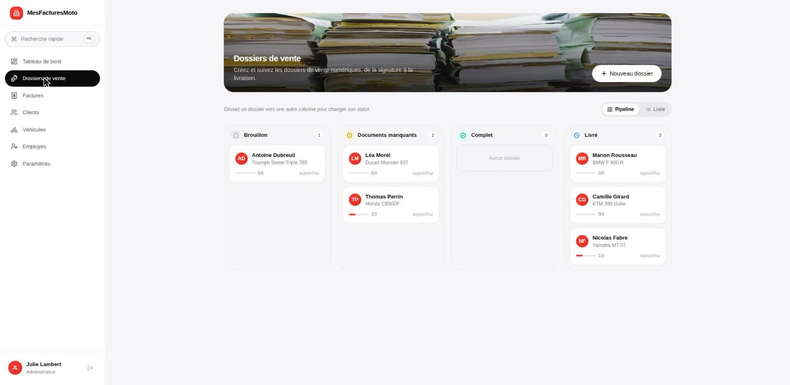 MesFacturesMoto, pipeline des dossiers de vente