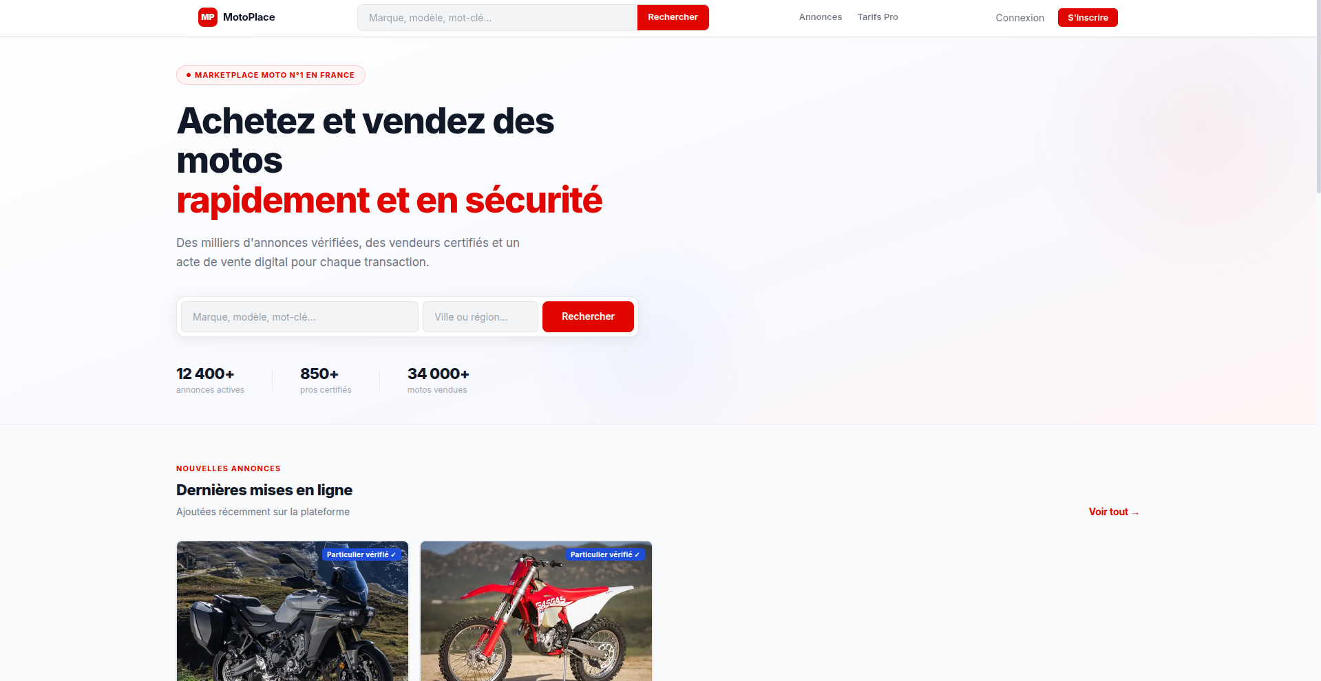Page d'accueil de MotoPlace, marketplace d'achat et de vente de motos