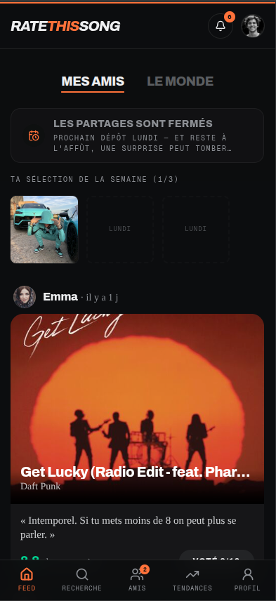 Fil social de RateThisSong, réseau social de partage et de notation de musique