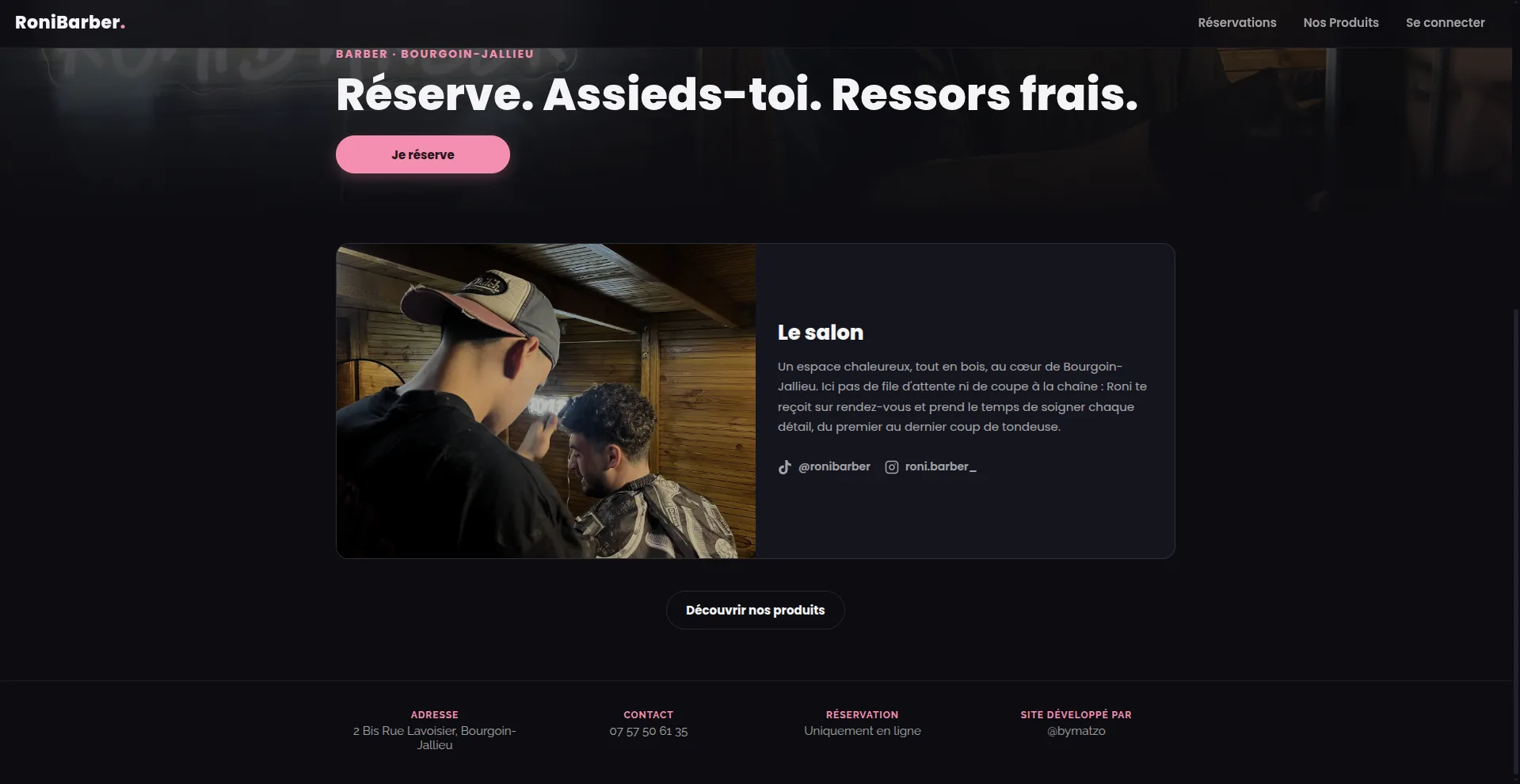 Site ronibarber.fr, page d'accueil avec prise de rendez-vous